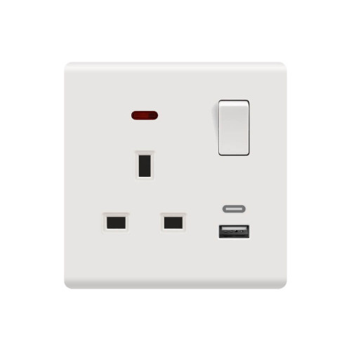 فيش جداري مزدوج 13 أمبير مزوّد نيون، جسم الفيش بلون أبيض لامع، ويحتوي على مخارج USB من نوع A و C